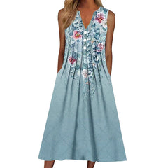 Floral Pleated A-Line Dress Women Sleeveless Loose Casual Beach Vacation Spring Summer Fashion