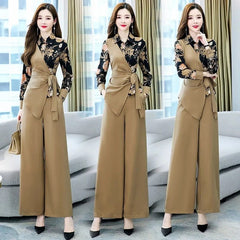 Spliced Print Blouse & Wide Leg Pant Set Women 2-Piece Casual Elegant Fashion Outfit