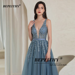 V-Neck Backless Evening Gown Women Gray Blue Elegant Sleeveless Long Prom Wedding Guest