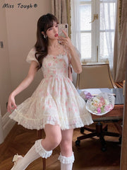 Floral Lace Korean Style Mini Dress Women Casual Elegant Summer Beach Vacation Fashion