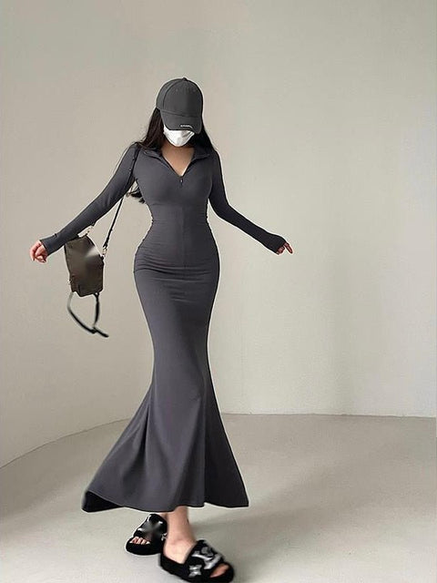 Long Sleeve Rib Knitted Fishtail Maxi Dress Women Tight Slim Zipper Elegant Fashion Dress