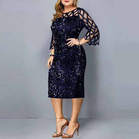 Plus Size Sequin Sparkly Midi Dress Women Elegant Party Club Evening Fashion Dress