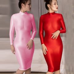 Sheer Glossy Bodycon Dress Women Shiny Tight Elegant Club Party Casual Fashion Dress