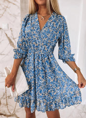 Floral Print Half Sleeve Midi Dress Women V-Neck Casual Beach Vacation Summer Fashion Dress