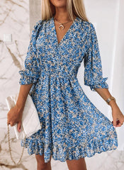 Floral Print Half Sleeve Midi Dress Women V-Neck Casual Beach Vacation Summer Fashion Dress