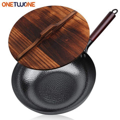 Carbon Steel Wok 12-Inch Flat Bottom Stir Fry Pan Electric Gas Induction Stove Kitchen Cookware