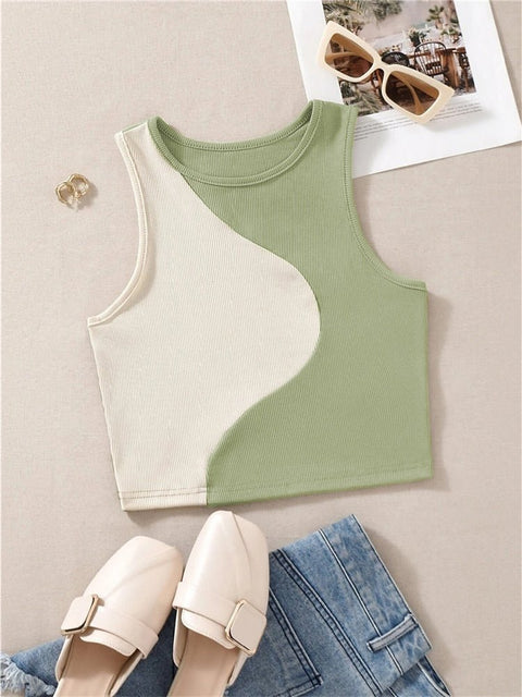 Y2K Patchwork Bodycon Tank Top Women Baby Tee Cute Preppy Crewneck Streetwear Casual Fashion