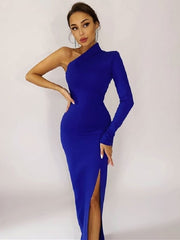 Elegant One Shoulder Mermaid Maxi Dress Stretch Fabric with Slit