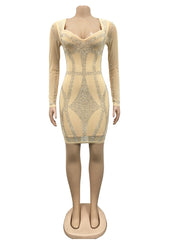 Rhinestone Sheer Mesh Bodycon Dress Women Elegant Club Party Casual Fashion Dress