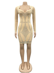 Rhinestone Sheer Mesh Bodycon Dress Women Elegant Club Party Casual Fashion Dress