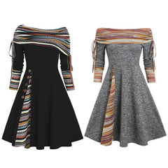 Plus Size Striped Flare Long Sleeve Dress Women Convertible Neck Cinched Party Fashion