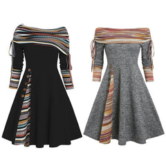 Plus Size Striped Flare Long Sleeve Dress Women Convertible Neck Cinched Party Fashion