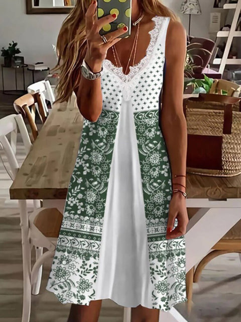 Lace Hollow Out Midi Dress Women V-Neck Sleeveless Print Casual Summer Beach Fashion Dress