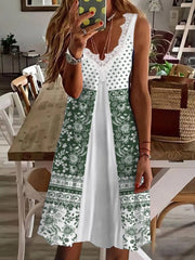 Lace Hollow Out Midi Dress Women V-Neck Sleeveless Print Casual Summer Beach Fashion Dress