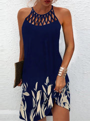 Plus Size Hollow Out Vintage Print Mini Dress Women Sleeveless Round Neck Casual Summer Fashion