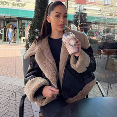 Faux Fur Velvet Jacket Women Chic Vegan Leather Warm Elegant Winter Casual Outerwear Fashion
