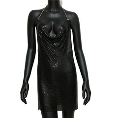 Metal Mesh Backless Mini Dress Women Shiny Split Short Elegant Club Party Fashion Dress