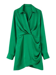 Satin Mini Dress Vintage V Neck Long Sleeve Summer Party Club Dress