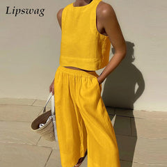 High Waist Tank Top & Pants Lounge Set Women 2-Piece Cotton Blend Sleeveless Casual Fashion
