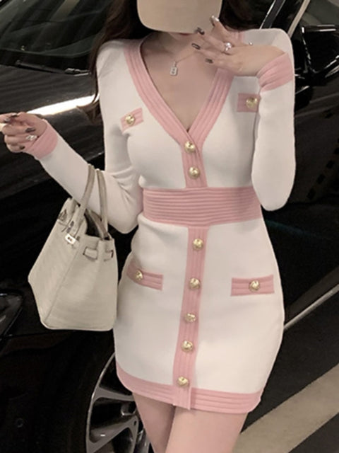 Long Sleeve V-Neck Button Knit Midi Dress Women Slim Elegant Casual Party Fashion