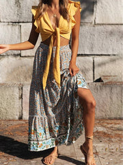 High Waist Floral Print Boho Maxi Skirt Women A-Line Drawstring Lace-Up Casual Summer Fashion