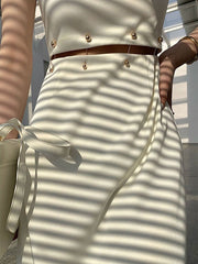 High Waist Cut Out Midi Dress Women Elegant Cream Beige Short Sleeve Casual Party Fashion
