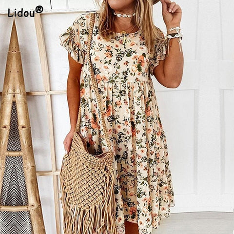 Plus Size Floral Print Boho Dress Women Short Sleeve Ruffle Casual Summer S-3XL Beach Vacation