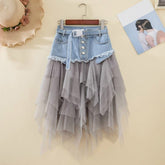 Womens UNIQUE Irregular Tulle & Denim Skirt in Light Colors - Mid length High Waist Skirt