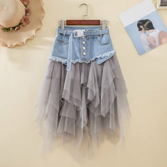 High Waist Tulle Denim Midi Skirt Women Irregular Unique Light Colors Casual Fashion Skirt