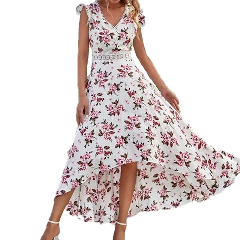 Floral Print V-Neck Midi Dress Women Loose Mid Waist Casual Beach Vacation Spring Summer