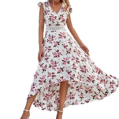 Floral Print V-Neck Midi Dress Women Loose Mid Waist Casual Beach Vacation Spring Summer