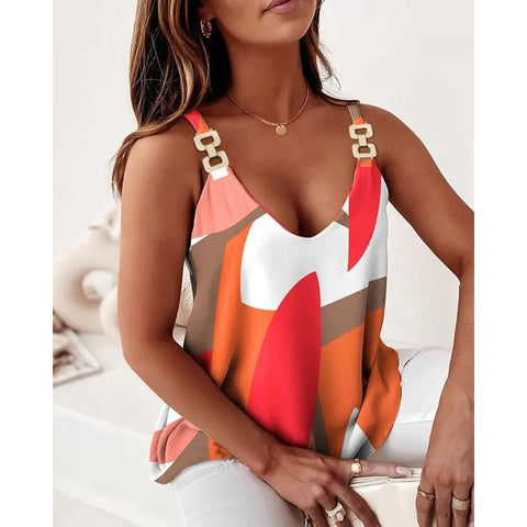 Chain Halter Print Tank Top Women Sleeveless Loose Casual Everyday Summer Fashion