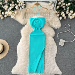 Halter Knit Bodycon Dress Women Cut Out Split Off Shoulder Backless Party Club Fashion