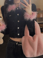 Y2K Knitted Sweater with Fur Single-Breasted Fur Collar Warm Cardigan Fluffy Fur