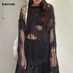 Gothic Hollow Out Knitted Sweater Women Pullover Casual Streetwear Grunge Fashion Top