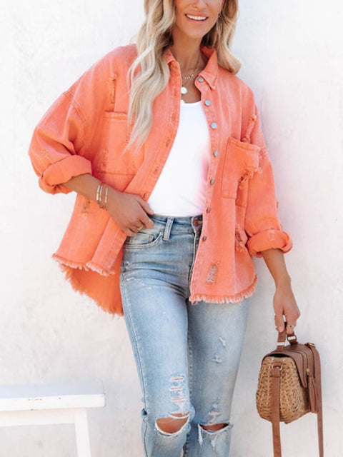 Oversized Ripped Fringe Denim Jacket Women Button Down Soft Lightweight Casual Spring Fall Fashion
