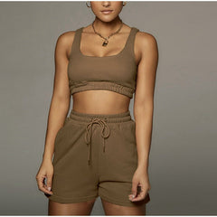 Yoga Shorts Set Women 2-Piece Fitness Vest Crop Top Workout Gym Activewear Casual Fashion