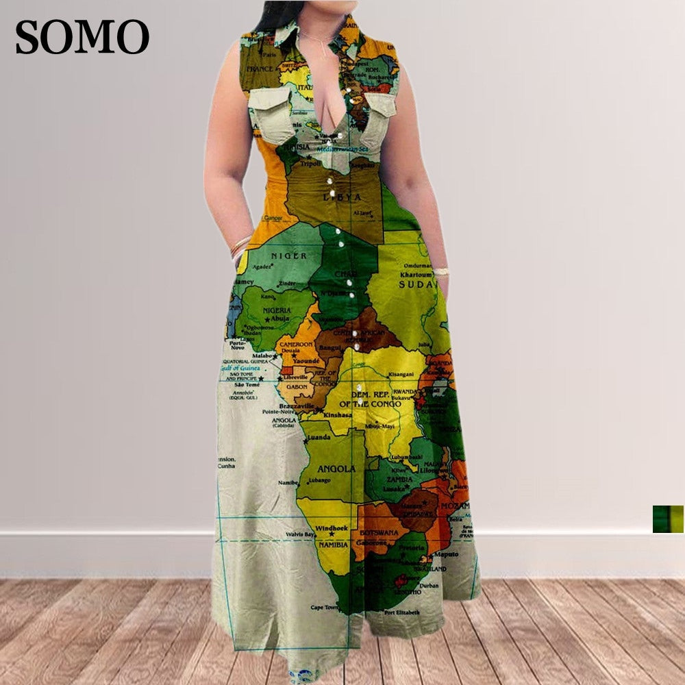 Plus Size Map Print Sleeveless Dress