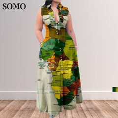 Plus Size Map Print Sleeveless Dress