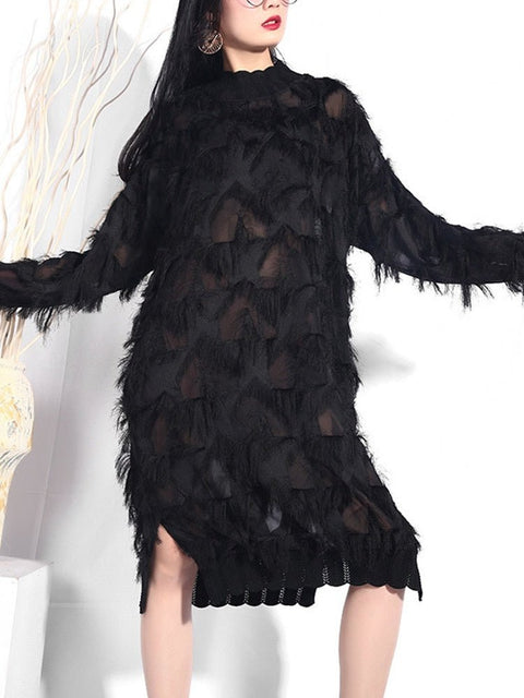 Long Sleeve Maxi Dress Women Stand-Up Collar Black Sheer Split Joint Plus Size Casual Fashion