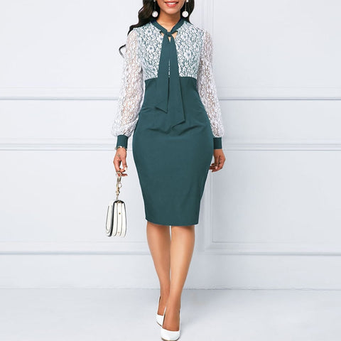 Lace Patchwork Midi Dress Women Scarf Collar Bodycon Knee Length Elegant Evening Party Fashion
