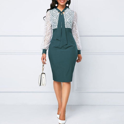 Lace Patchwork Midi Dress Women Scarf Collar Bodycon Knee Length Elegant Evening Party Fashion