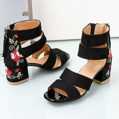 Embroidered Mid-Heel Wedge Sandals Women Back Zipper Elegant Casual Summer Fashion Shoes