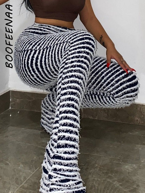High Waist Flare Pants Women Black White Stripe Knit Fuzzy Zebra Stacked Extra Long Casual Fashion