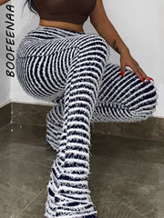 High Waist Flare Pants Women Black White Stripe Knit Fuzzy Zebra Stacked Extra Long Casual Fashion
