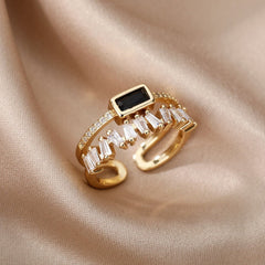 Double Layer Zircon Ring Women Irregular Polished Stainless Steel Elegant Fashion Jewelry