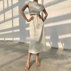 High Waist Cut Out Midi Dress Women Elegant Cream Beige Short Sleeve Casual Party Fashion