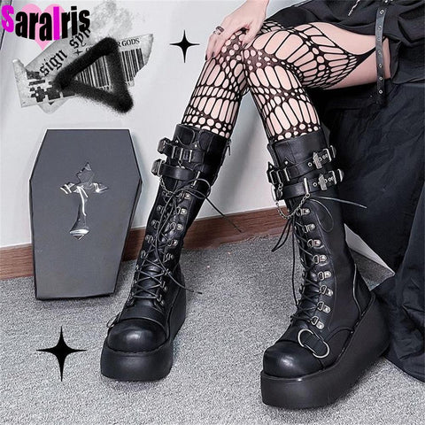 Gothic Platform Mid-Calf Boots Women High Heel PU Faux Leather Wedge Casual Fashion Shoes
