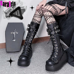 Gothic Platform Mid-Calf Boots Women High Heel PU Faux Leather Wedge Casual Fashion Shoes