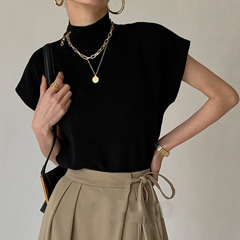 Stand-Up Collar Knit Top Women Elegant Loose Casual Everyday Winter Fashion
